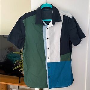 Perry Ellis Colorblock Short-Sleeve Button-Down — Green, Blue, Black, White